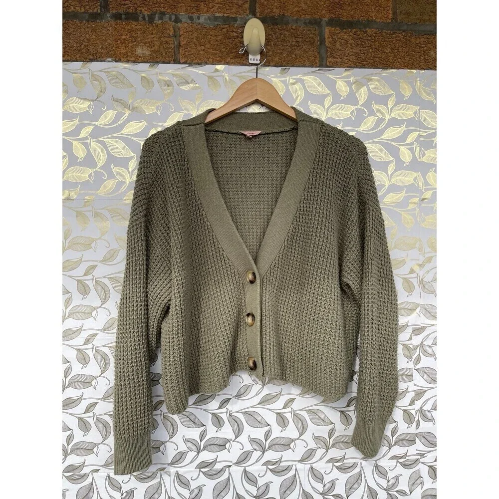 Eberjey Sage Green Waffle Knit Cardigan | Recycled Cotton Chunky Sweater M